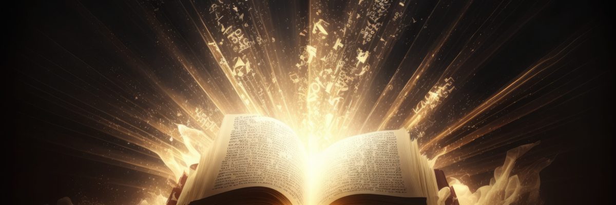 Holy Bible with rays of light coming out. AI generative.